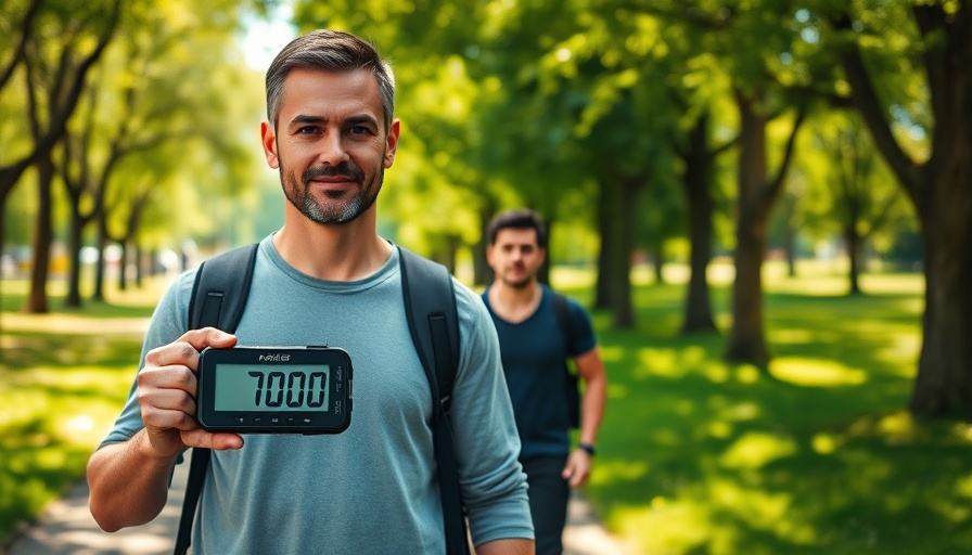 Walking 7000 Steps a Day Benefits: man with pedometer and walker.