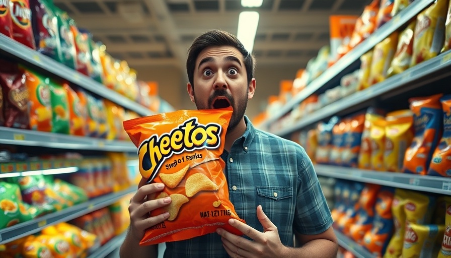 Surprised man holding Cheetos in grocery aisle highlighting processed junk food health risks.