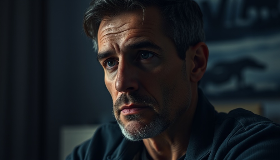 Pensive middle-aged man contemplating solutions, soft dim light.