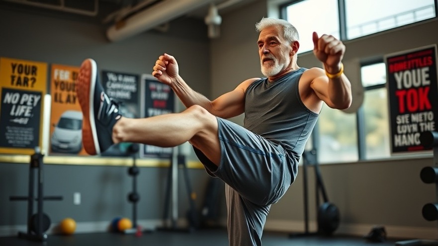Energetic older man performing a leg exercise for better circulation in a fitness studio.