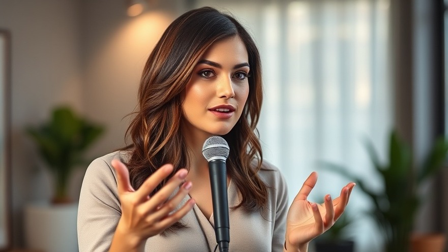 Confident brunette woman sharing mindfulness techniques in a modern studio.
