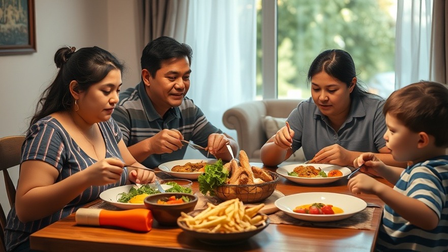 Hispanic family enjoying a nutritious meal, emphasizing health and wellness for adolescents.