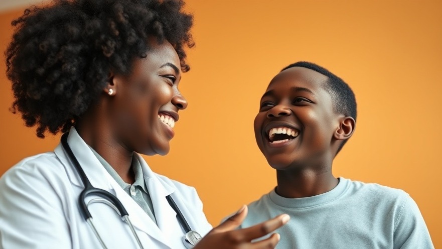 Black female doctor shares pediatric oncology humor, brightening her patient's day.
