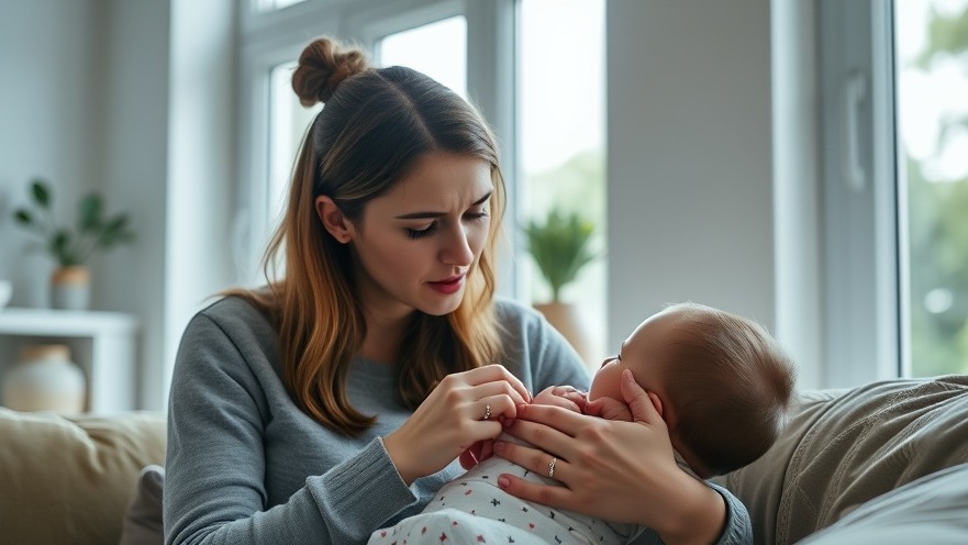 Young mother in bright indoor setting, highlighting perinatal mental health challenges.