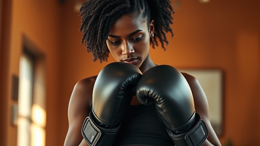 Young black woman in workout gear, showcasing determination for boxing class benefits.