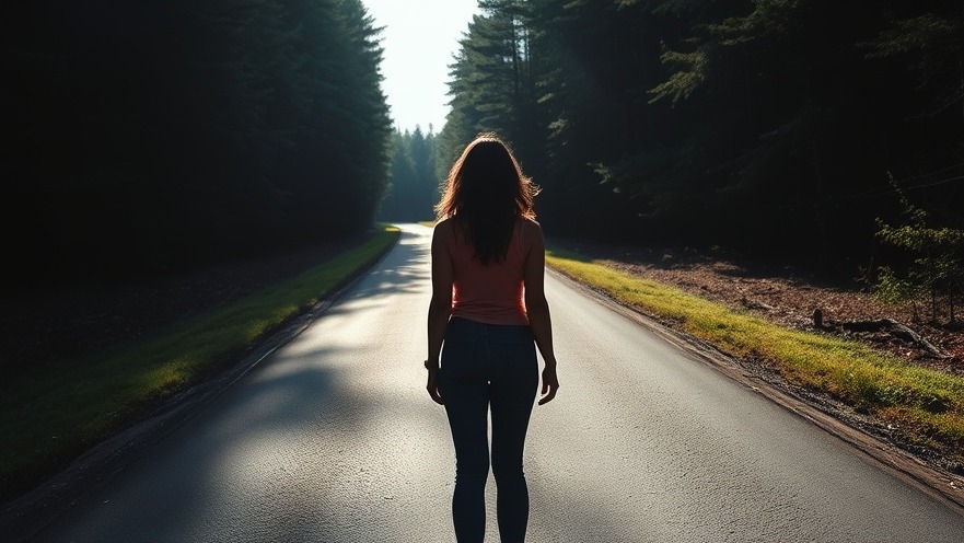 Black woman in sunlight pondering choices for health and wellness on a split road.