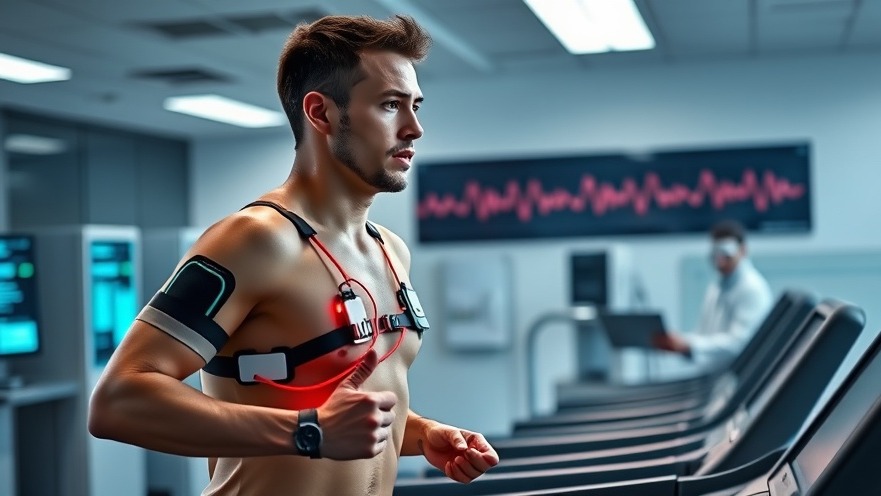 Athletic man undergoing bio age tests on a treadmill with medical sensors.