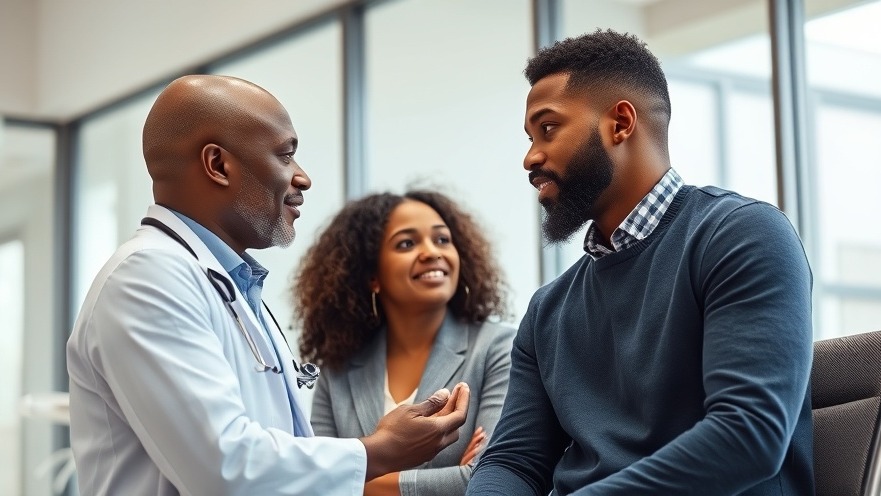 Young black couple discussing health and wellness with a doctor in a modern office.