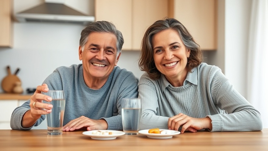 Middle-aged couple enjoying peak performance supplements at their kitchen table.