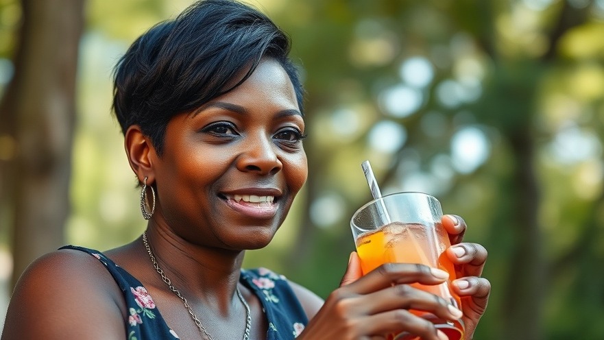 Middle aged black woman enjoying a refreshing drink outdoors, embracing energizing breakfast and hydration tips.