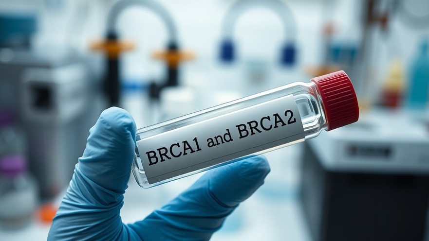 Close-up of a gloved hand holding a test tube labeled 'BRCA1 and BRCA2' in a lab, highlighting breast cancer research.