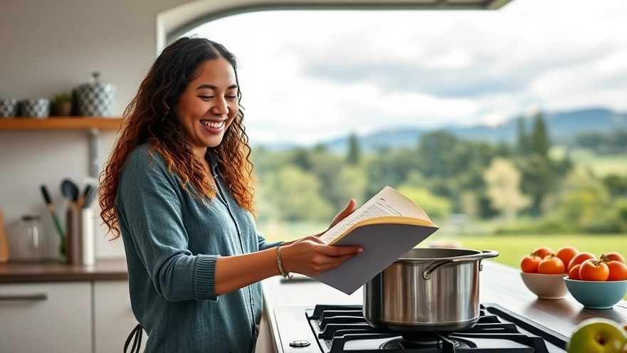 Cheerful woman enjoying plant-based cooking in a bright kitchen, promoting family wellness.