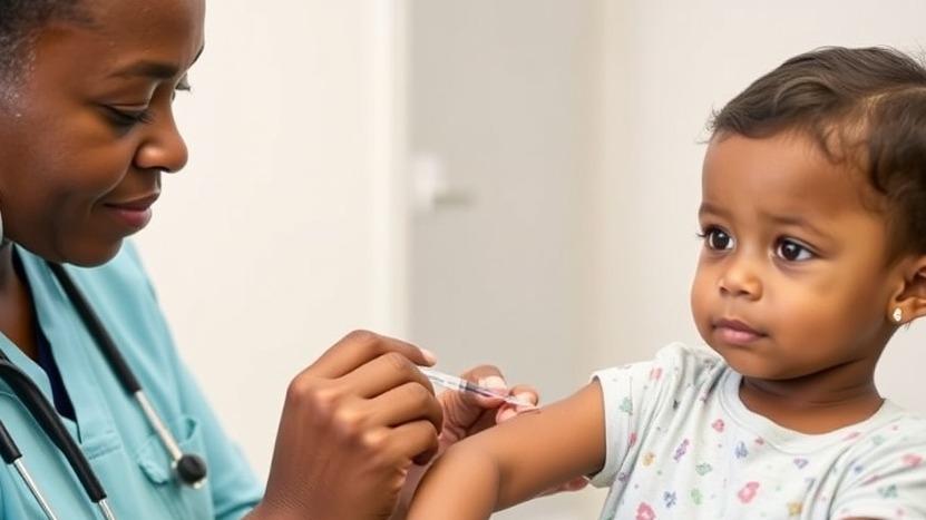 A black nurse gently administering a vaccine to a child, reflecting health and wellness.