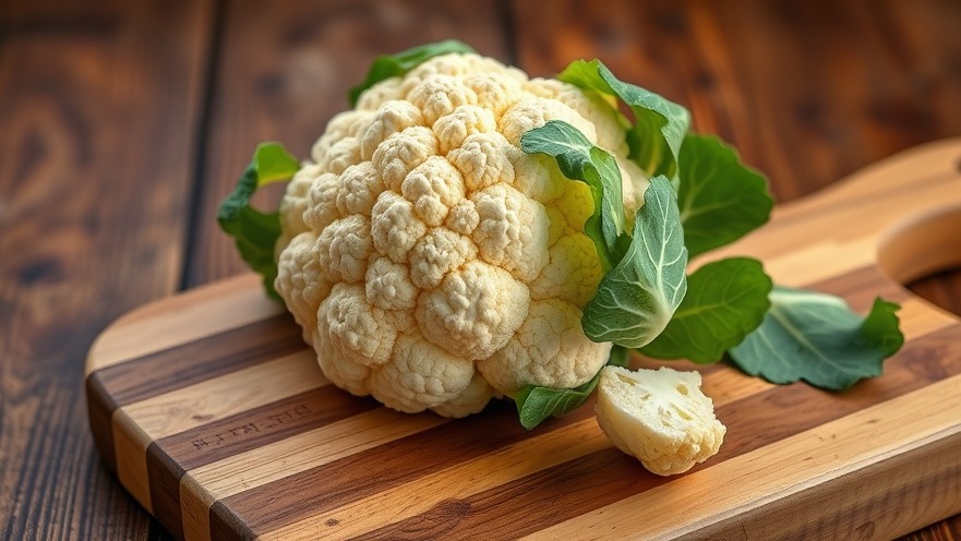 Fresh cauliflower showcasing vibrant colors and health benefits on a rustic cutting board.