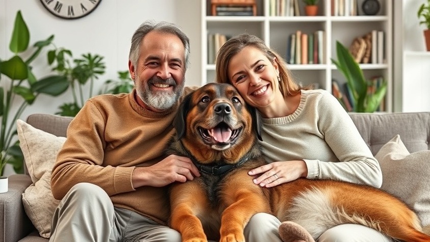 Happy middle-aged couple with a dog in a cozy living room, representing menopause support and women's health.