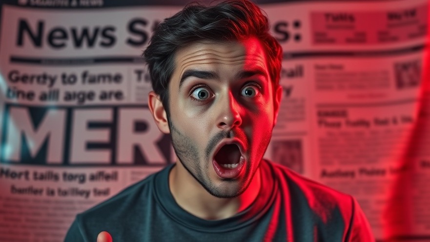Astonished young man reacting to misleading health articles in dramatic lighting.