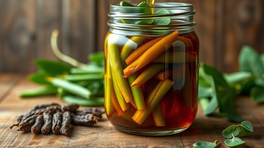 Homemade pickles with green beans in mason jar, featuring Szechuan pepper and healthful eating.