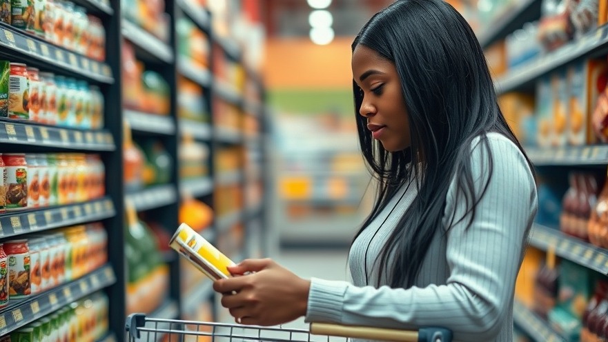Focused black woman reading food labels for health advice in supermarket.