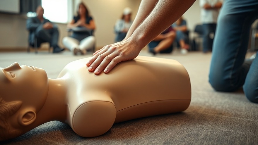 Hands performing CPR on a dummy in a warm classroom, highlighting Emergency Response Technology.