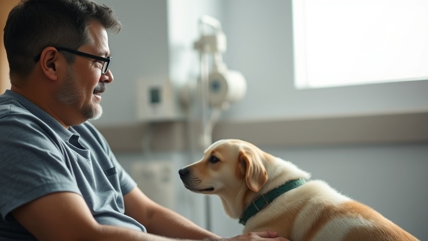 Middle-aged Hispanic male discussing mental health with a young woman while petting a dog.