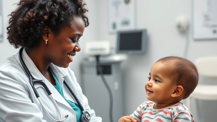 Black female doctor reassures child patient about health policies and care.