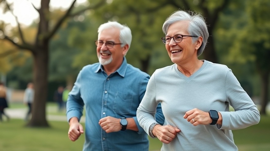 Middle aged couple running in the park wearing their fitness trackers.