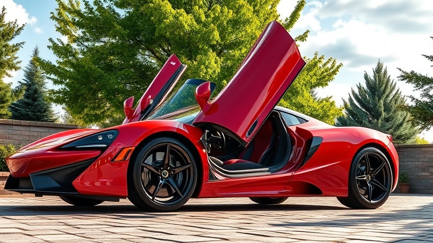 Sleek red sports car with butterfly doors, showcasing car culture and electric vehicles.