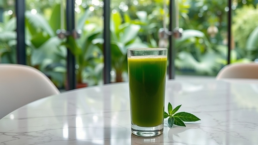 Photorealistic green juice on marble table, promoting a health lifestyle.