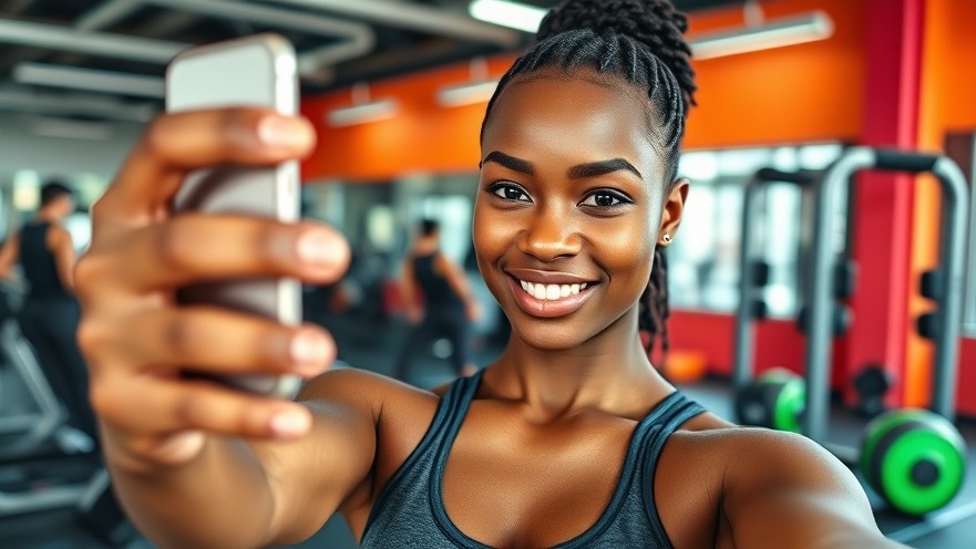 Confident young black woman in gym taking a selfie, showcasing personalized fitness and vibrant atmosphere.