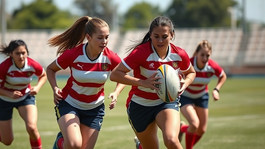 Empowering women in rugby training, two teams practicing outdoors in bright daylight.