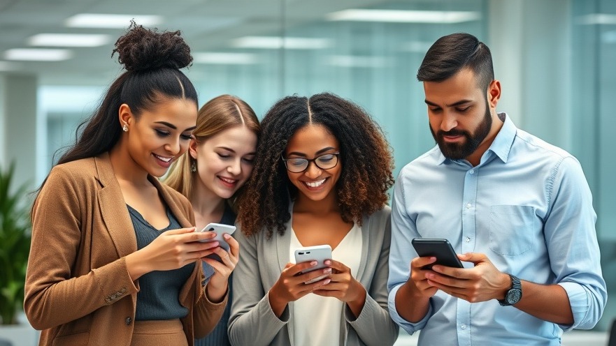 Diverse female coworkers and a male colleague discussing while checking phones