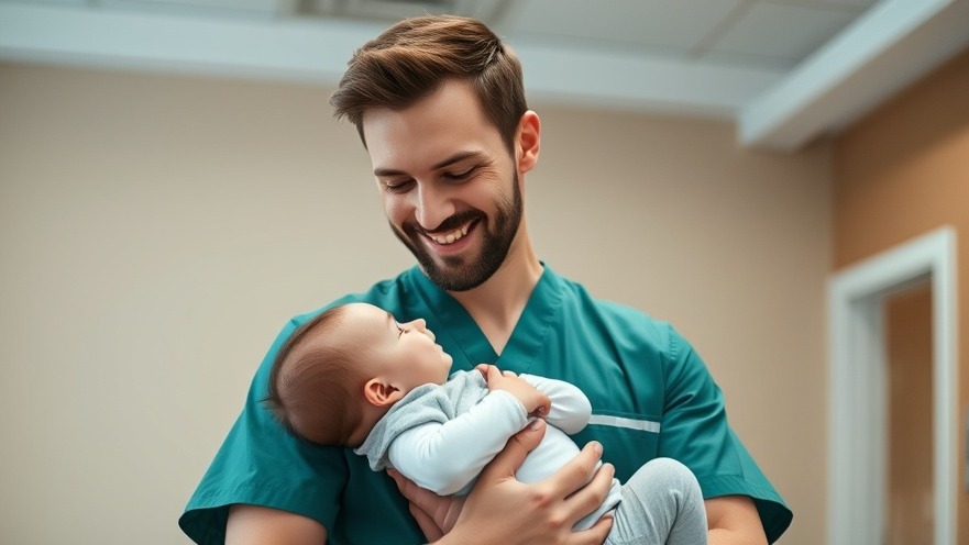 Caring male in scrubs holds baby, highlighting infant vaccinations and childhood health.