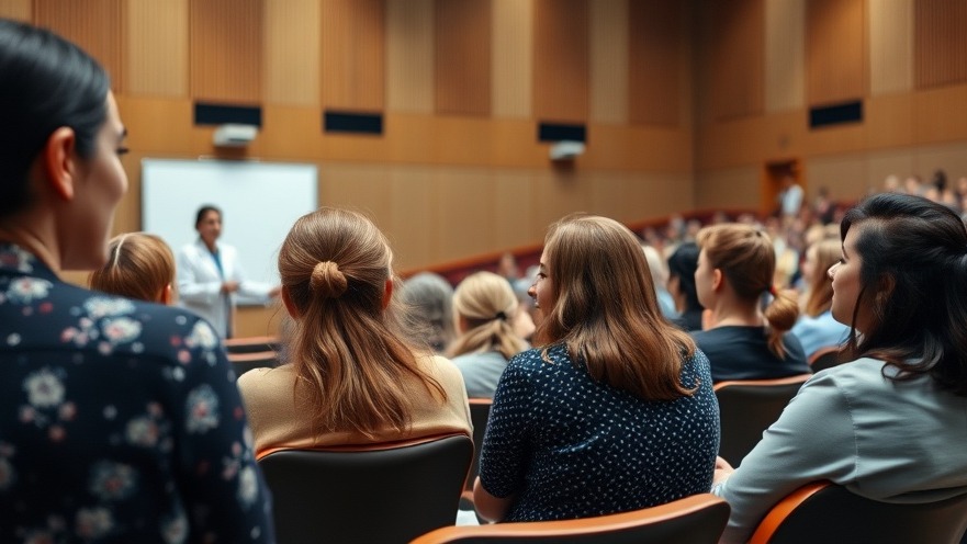 Women of diverse backgrounds listening to a doctor discussing mifepristone safety in an auditorium.