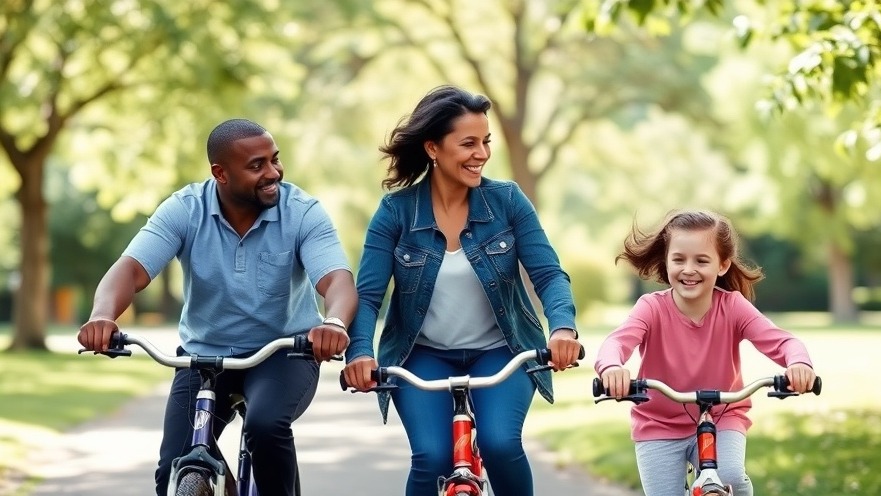 Family riding bikes in the park, promoting parental health trends and fitness.