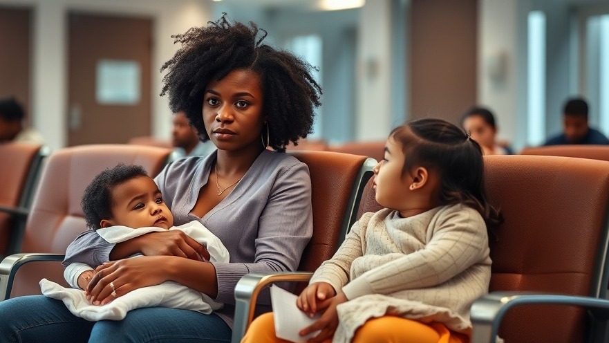 Worried Black and Hispanic women in hospital waiting room emphasizing health equity and healthcare access.