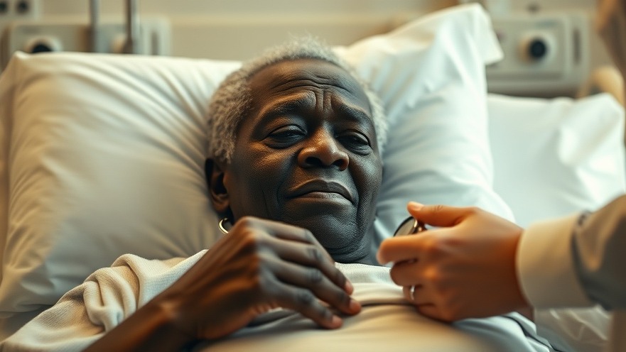 Elderly black patient in hospital bed, illustrating myosin inhibitors in cardiac care advancements.