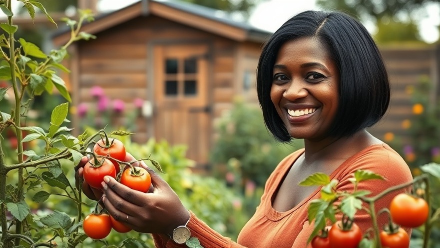 Black woman practicing mindful living and self-care by picking tomatoes in her tranquil garden.