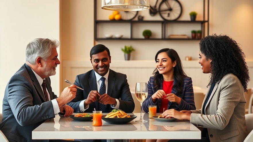 Business professionals enjoying lunch together, ideal for relaxing between coworkers