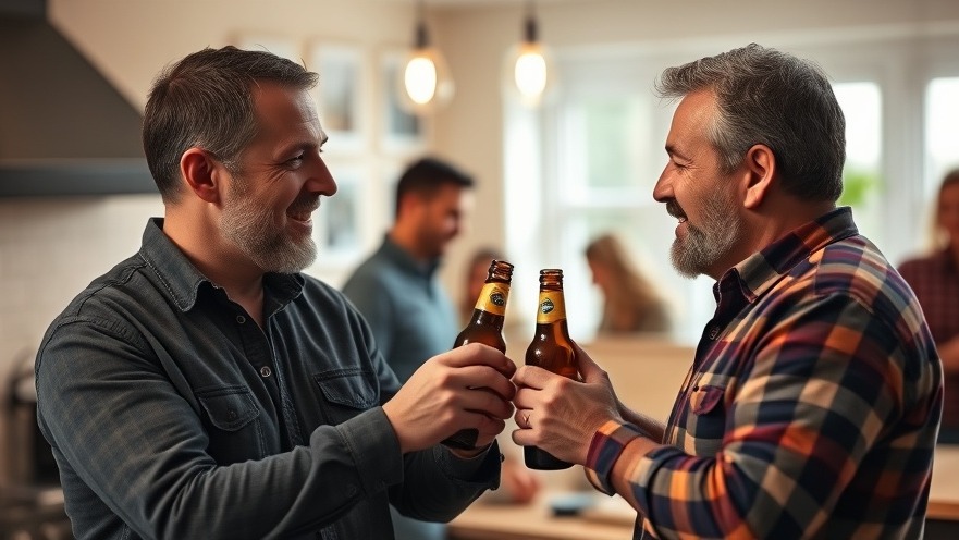 Two men engaged in a conversation about mental health in a warm kitchen atmosphere.