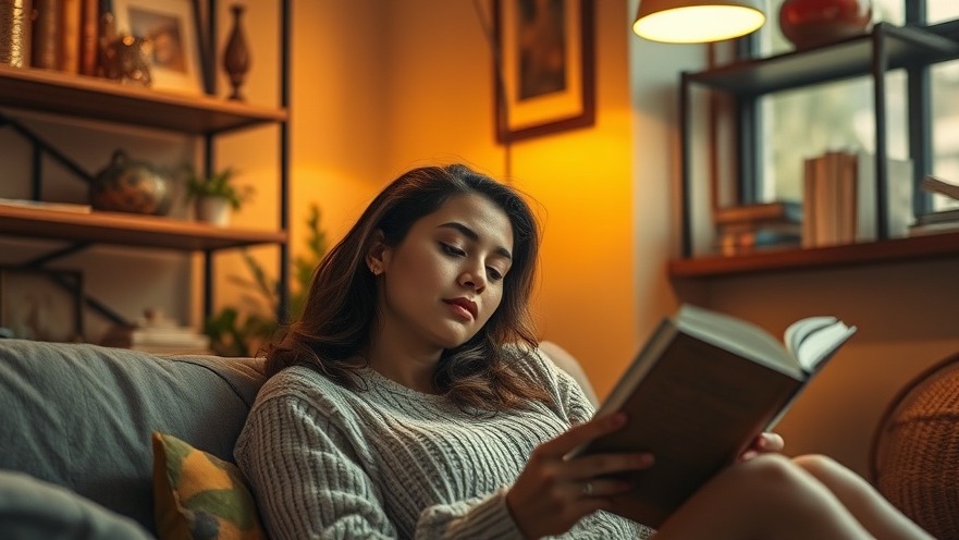 Relaxed woman reading in cozy room, perfect for summer skincare tips.