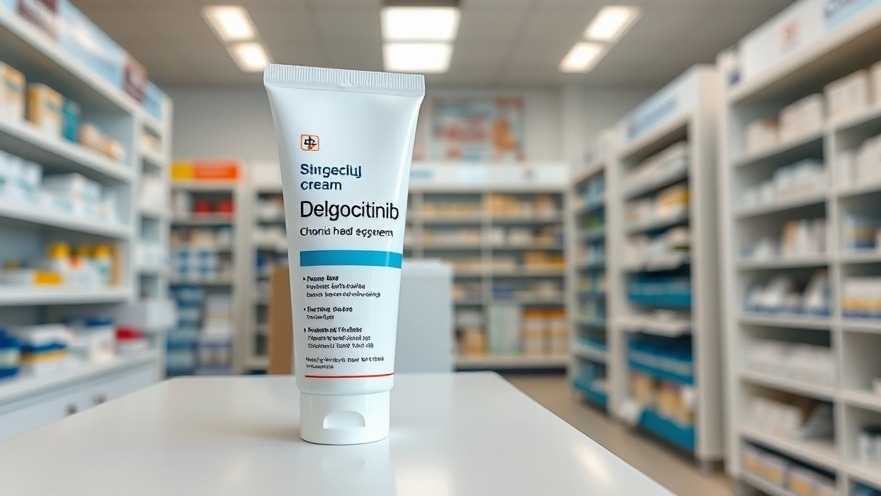 Delgocitinib cream tube for chronic hand eczema treatment in a pharmacy.