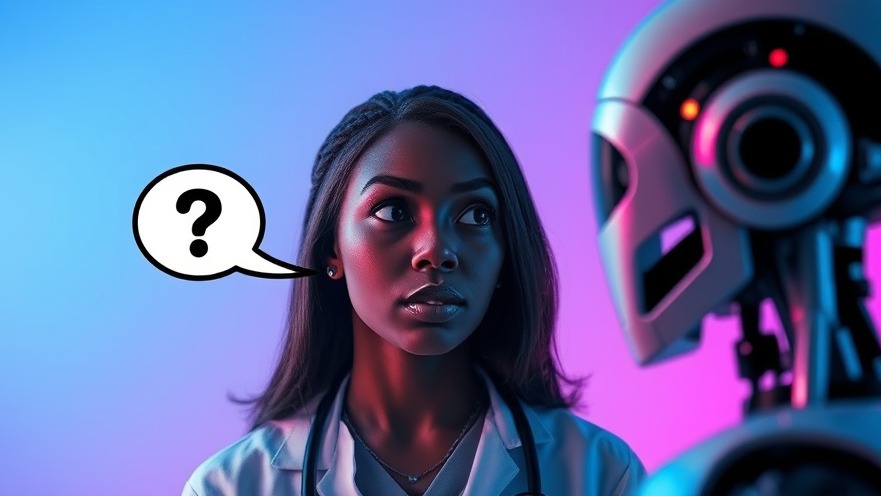Black female doctor pondering health technology while talking to an AI robot.