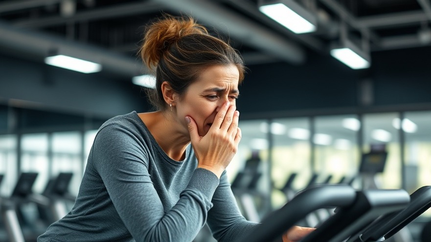 Middle aged Middle Eastern woman in gym, coughing after workout on exercise bike.