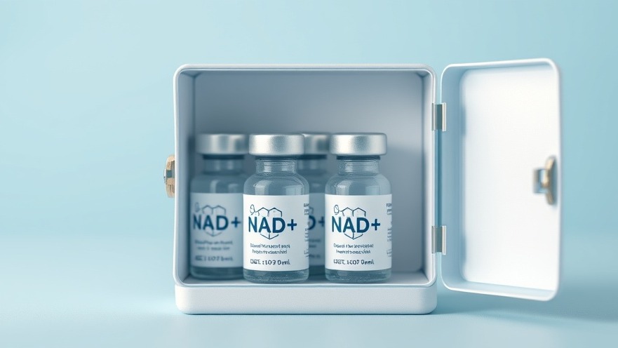 NAD+ benefits showcased in a photorealistic supplement box with injection bottles.