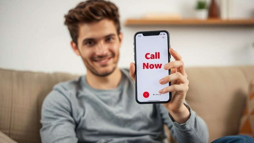 Young male on couch, showing mobile phone with 'Call Now' message