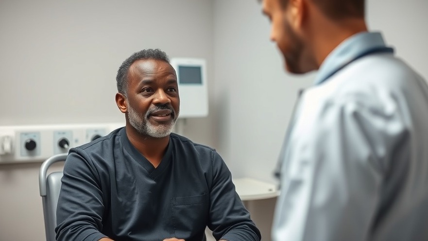 Middle-aged black man consulting with a doctor on chronic disease management in bright exam room.