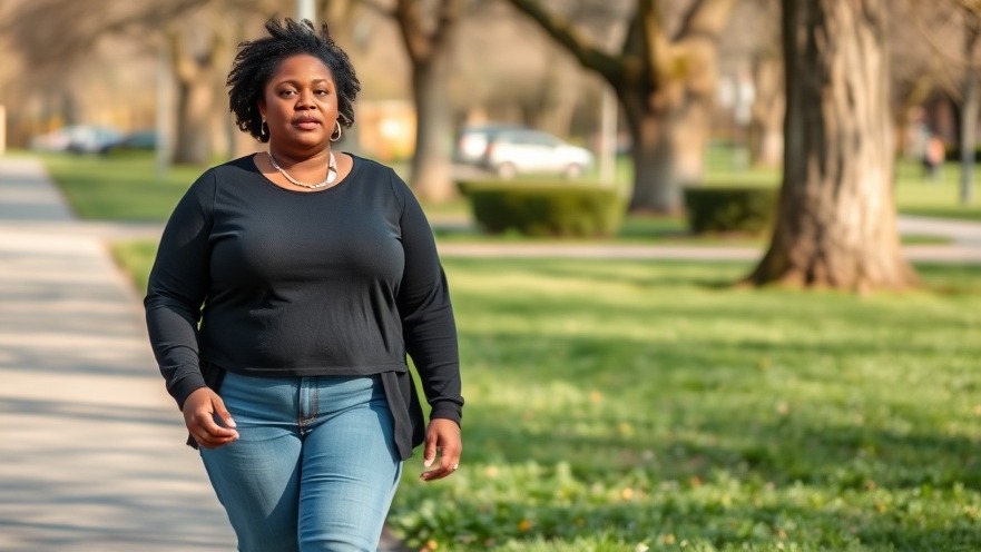 Black overweight female walking in the park, embracing GLP-1 receptor agonists for metabolic health.