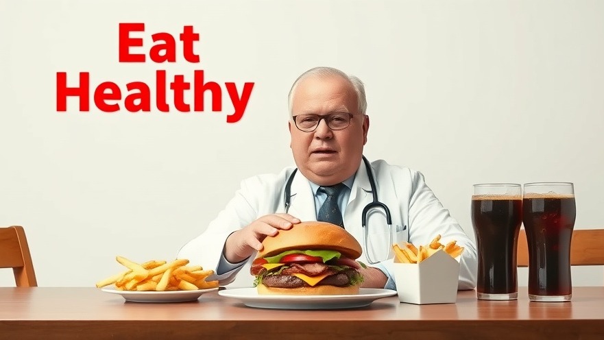 Overweight doctor grappling with healthcare contradictions and self-care.