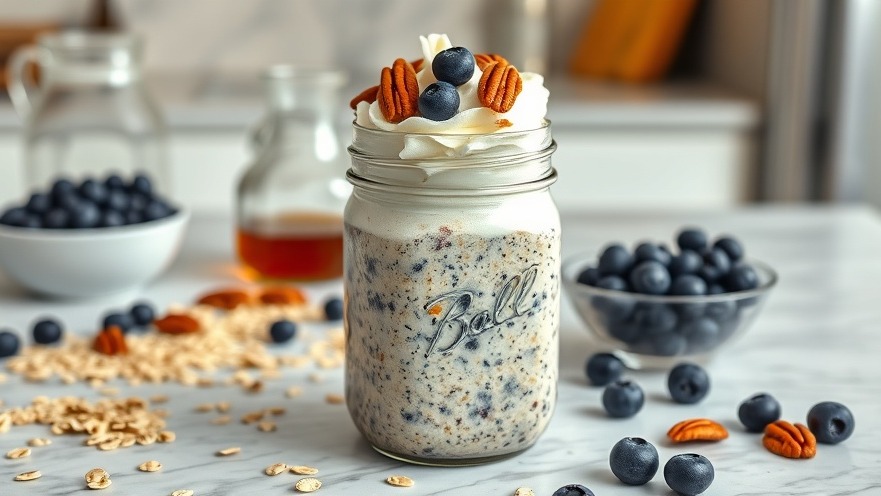 Healthy breakfast options: protein blueberry pancake overnight oats in a mason jar.