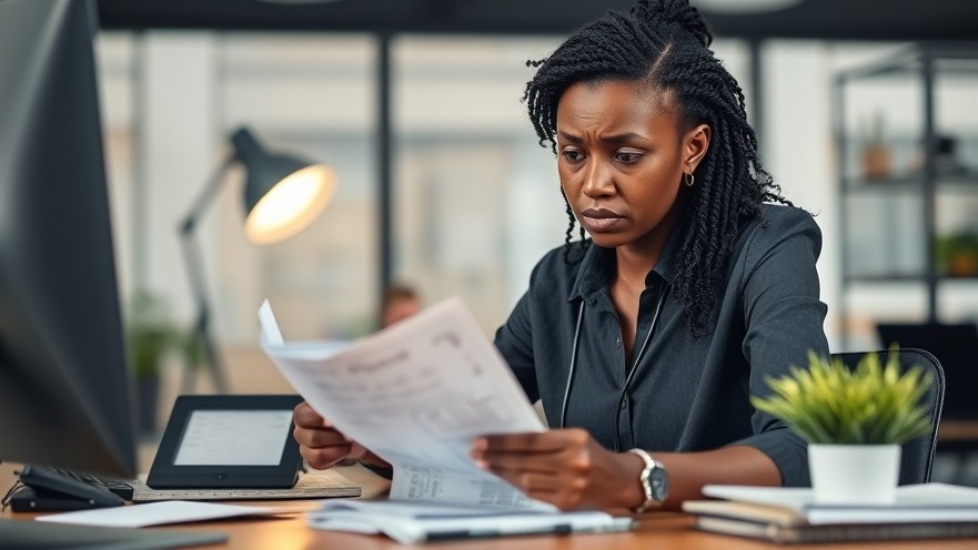 Black female business owner stressed about bills, highlighting health and wellness challenges.